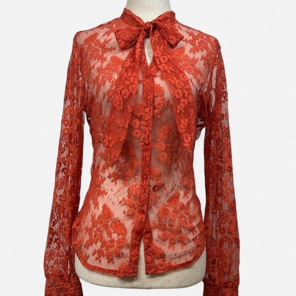 Y2K NYCO Sheer Lace Button Up Long Sleeve Top Bow Tie Women S Fall Romantic Goth